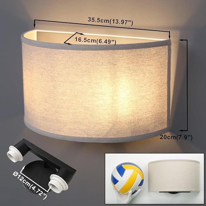 Yosoan 2-Light Linen Fabric Boho Hallway Wall Sconce Indoor Light Fixture, Dual Vintage Industrial Hardwired Half Moon Wall Lighting Semicircle Textile Shade for Bedroom Living Room Corridor Study