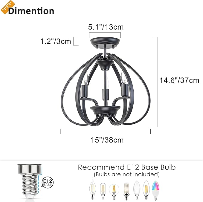 Modern Black Semi Flush Mount Ceiling Light, 15" Farmhouse Globe Cage Chandelier with E12 Base, 40W Max, No Assembly Required, Gothic Semi Flush Ceiling Fixture for Foyer Hallway Bedroom Stairwell