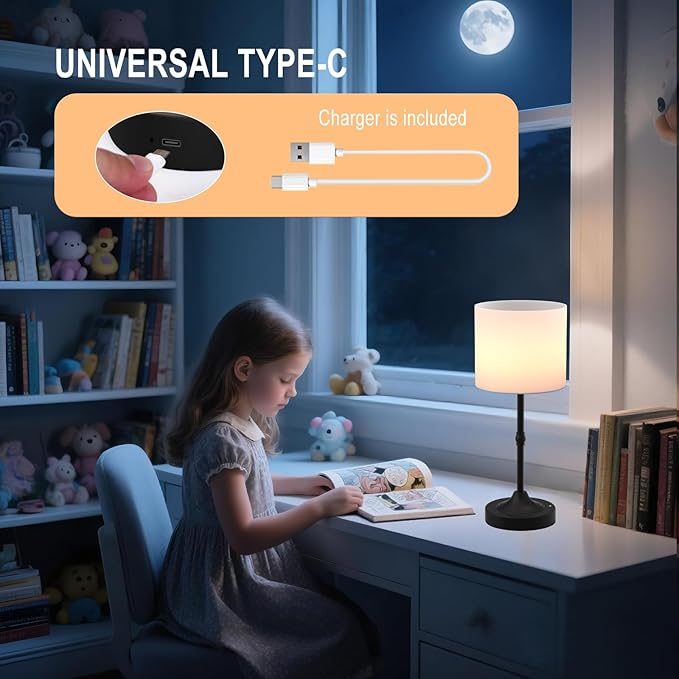 HAPYGI Portable Cordless Table Lamp,Built-in 5200mAH Rechargeable Battery, Dimmable Touch Wireless Light, Bed Side Metal Desk Lamp，Restaurant/Bedroom/Bar/Coffee/Night Light (Blcak)