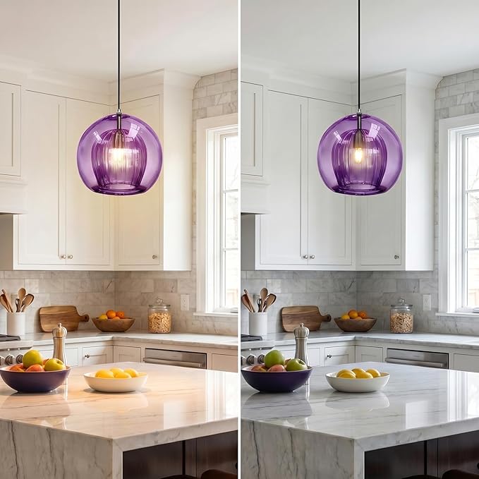 Vintage Pendant Lights 9.8" Purple Flush Mount Ceiling Light Fixtures, 2-Layer Glass Globe Shade Design Black Mid Century Chandelier for Kitchen Island Dining Room Farmhouse Bedroom