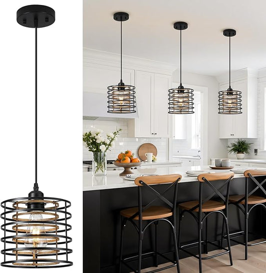 Farmhouse Pendant Lights Kitchen Island, Kitchen Hanging Light Fixtures Wood Grain Cage Metal Lighting for Dining Room Bedroom Bar Office Entryway Hallway, Industrial Black, 1 Pack