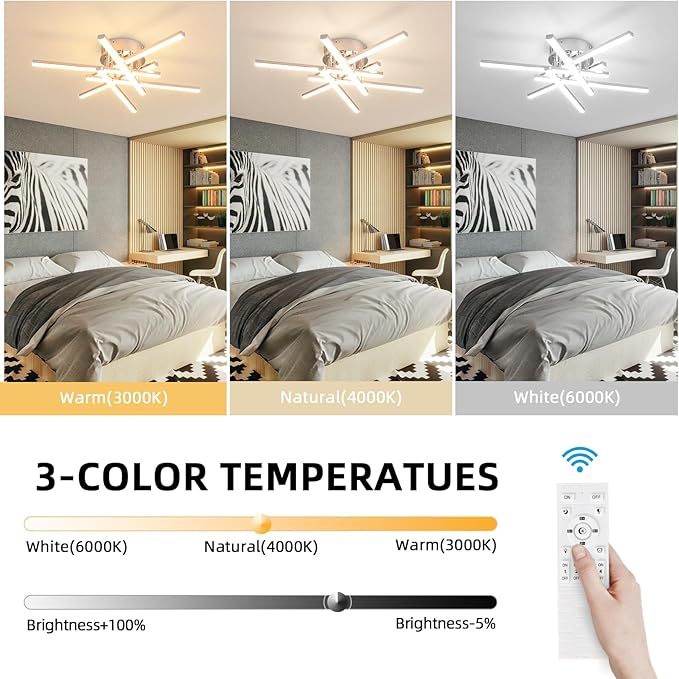 CANEOE Modern Led Ceiling Light,50W Sputnik LED Dimmable Ceiling Light Fixture with Remote Control, Chrome Flush Mount Chandelier Ceiling Lighting for Bedroom Living Room Kitchen Office Ceiling Lamp