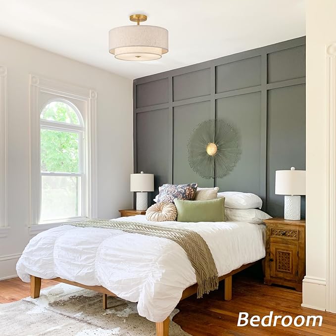 16" Double Drum Gold 3-Light Semi Flush Mount Ceiling Light, Classic Fabric Linen Shade Design for Living Room, Bedroom, Kitchen, Dining Room, Hallway and Entryway