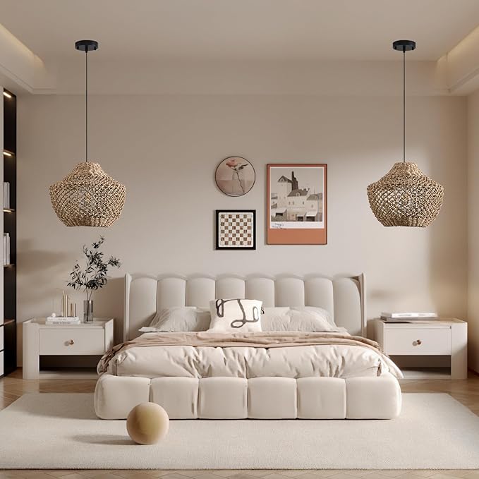 2-Pack Rattan Pendant Light Fixtures,11.81" Boho Pendant Light,Hand Woven Water Plants Rattan Chandelier for Workplace Occasions Restaurants Dining Living Bedroom Kitchen Farmhouse