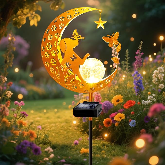 Solar Garden Decor Outdoor Statue, Moon Fairy Garden Figurines with Dog Design for Mom Women Grandma Solar Stake Lights for Patio, Yard, Lawn, Pathway (Warm White)