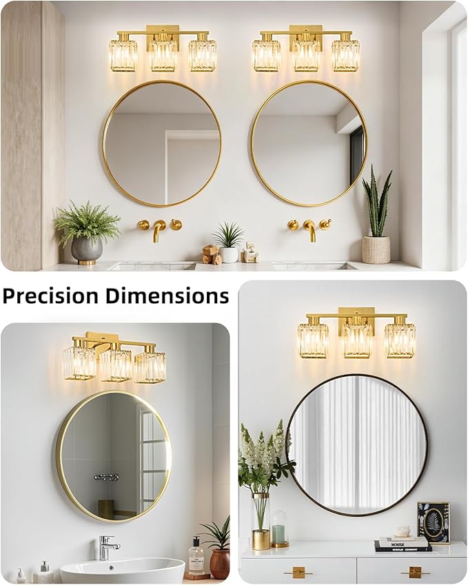 OKELI 3-Light Bathroom Light Fixtures, Modern Gold Crystal Wall Light for Bathroom,Lighting Fixtures Over Mirror