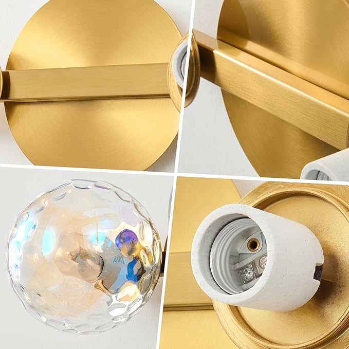 Gold Bathroom Vanity Light Fixtures: Modern Wall Scones With 2 Hammered Stained Glass Shades - Globe Makeup Lighting Fixture over Mirror - Brass Ball Powder Room Vanities Lights for Hallway Bedroom