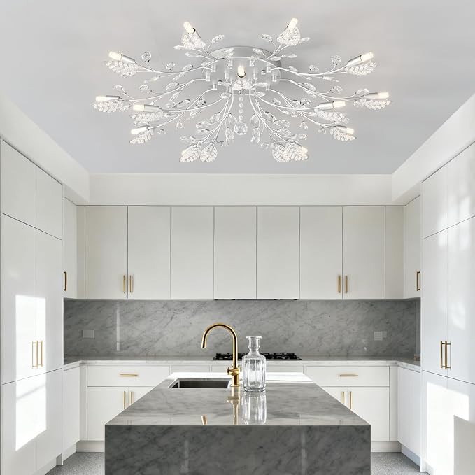 Modern Crystal Ceiling Light Fixture,Silvery Semi Flush Mount Chandeliers,Crystal Leaf Ceiling Light, Chandeliers for Dining Room,Living Room,Bedroom
