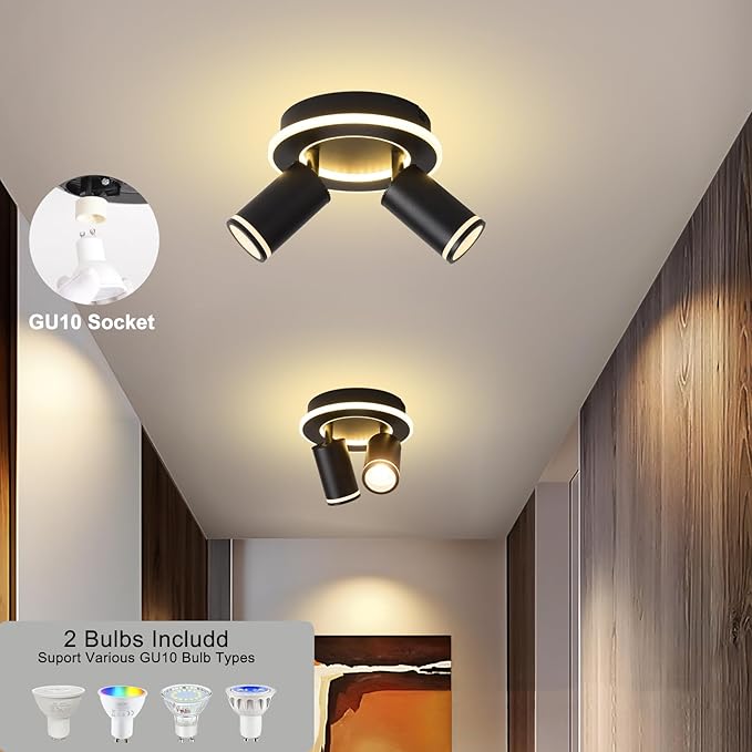 LED 2 Light Track Lighting Kit, Black Round Ceiling Spot Lighting Fixture with Flexibly Rotatable Heads, Modern Spotlight for Kitchen, Living Room, Bedroom, Dual Lighting Design,Includes 2 x GU10 Bulb