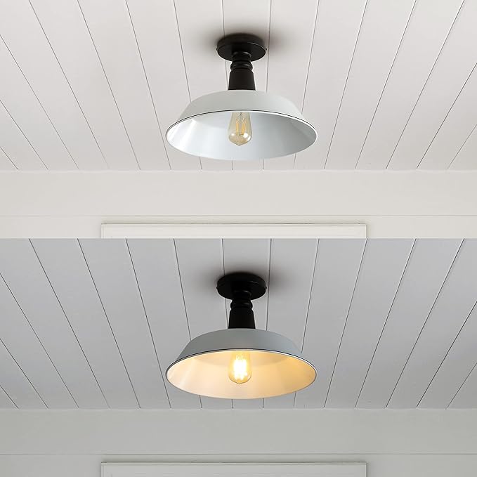 JONATHAN Y 14" White/Black 1-Light Industrial LED Semi Flush Mount Ceiling Light for Porch, Kitchen, Entryway, Modern Farmhouse Iron Fixture, White Metal Shade, LED Bulb Included JYL7617A