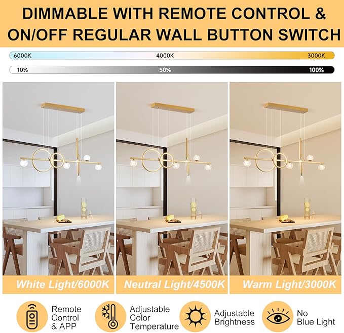 ORANOOR LED Gold Chandeliers for Dining Room, 47in Dimmable Modern Chandelier Gold Pendant Lights for Kitchen Island, Linear Ring Globe Pendant Light Fixtures Dining Room Lights Ceiling Hanging