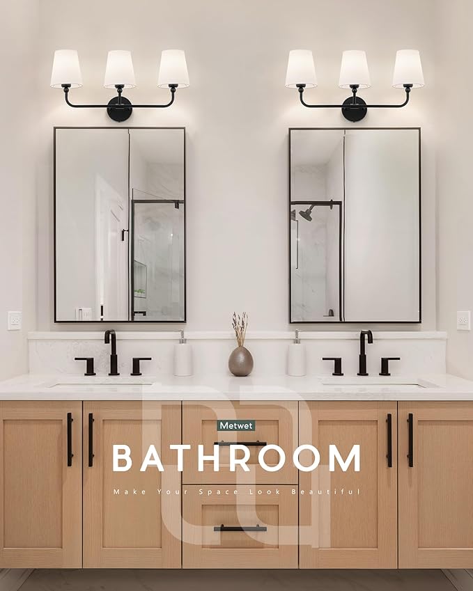 Bathroom Light Fixtures, Matte Black Vanity Lights with Flared White Fabric Shade, 3 Light Wall Sconce, Modern Sconces Wall Lighting for Hallway Bedroom, VL837-MB-3