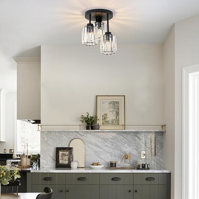 3-Light Modern Semi Flush Mount Ceiling Light, Crystal Ceiling Light with Clear K9 Crystal Shades, Black Close to Ceiling Light Fixtures for Hallway Kitchen Bathroom Entryway