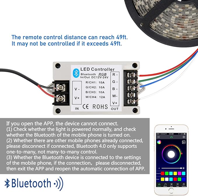 SUPERNIGHT Wireless Bluetooth RGBW/RGB Controller for 5050 3528 LED Light Strips, Smart Phone APP Control Smart Controller for iOS and Android