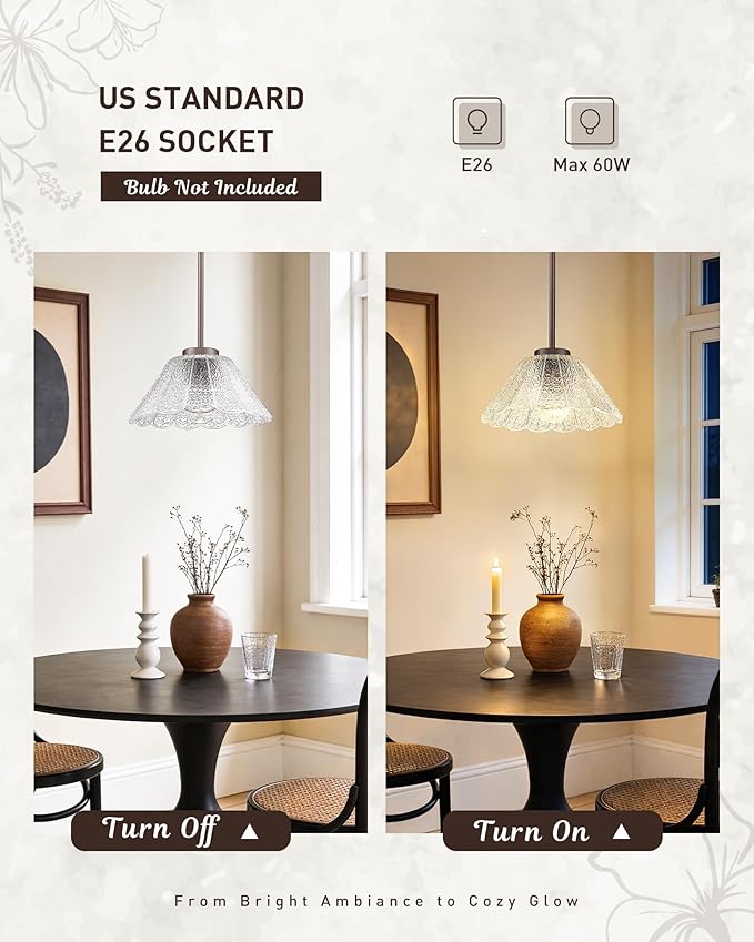 Pendant Lights Kitchen Island, HWH Kitchen Island Lighting for Bathroom, Dining Room, 1-Light Hanging Lights Fixtures with Clear Floral Glass, Oil-Rubbed Bronze Finish, 5HJX110MIL ORB