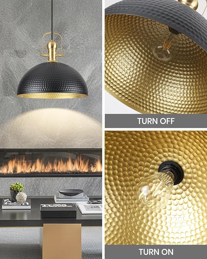 15.7 Inch Black Pendant Light 2 Pack, Hammered Industrial Pendant Lights，Adjustable Height, Large Dome Pendant Light Fixtures for Kitchen, Dining Room, Bedroom,Bar