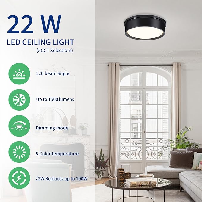 13 inch Flush Mount LED Ceiling Light Fixture, 5CCT Modern Dimmable Lighting for Hallway Bathroom Kitchen Stairwell, 2700K/3000K/3500K/4000K/5000K, Black