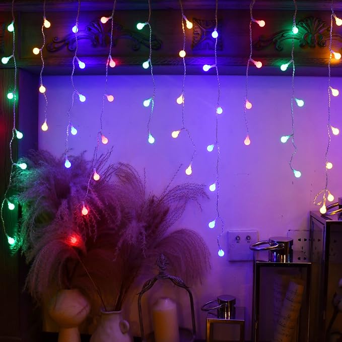YOLIGHT Fairy Curtain Lights, USB/Battery Powered Ball Icicle Light 13ft 96 LED Globe String Hanging Lights for Bedroom Dorm Wedding Party Christmas Decoration (Multi-Colored)