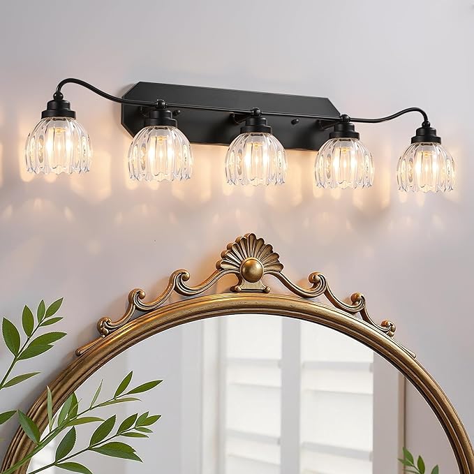 Vintage Bathroom Light Fixtures, 5 Light Bathroom Vanity Light, Black Matte Antique Brass Finish with Crystal Glass Shade, Mid Century Wall Sconces for Bedroom, Living Room, Hallway