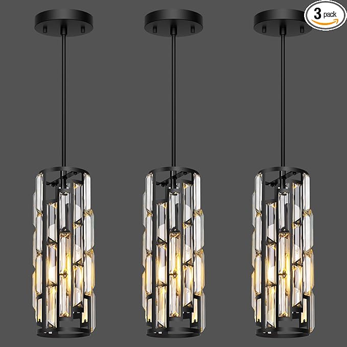 Black Pendant Lights Kitchen Island 3 Pack, Mini Crystal Chandeliers, Modern Pendant Lights Ceiling Lighting Fixtures for Kitchen Island, Dinning Room, Bedroom