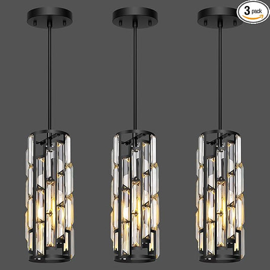 Black Pendant Lights Kitchen Island 3 Pack, Mini Crystal Chandeliers, Modern Pendant Lights Ceiling Lighting Fixtures for Kitchen Island, Dinning Room, Bedroom
