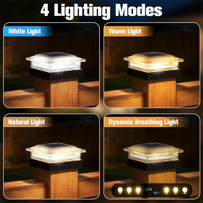 4x4 40 Lumens Post Solar Lights 12 Pack, Fence Post Solar Lights 4 Lighting Modes Solar Post Cap Lights for 4x4 3.5x3.5 Wood/Vinyl Posts, IP67 Waterproof Post Lights for Fence Mailbox Porch Post