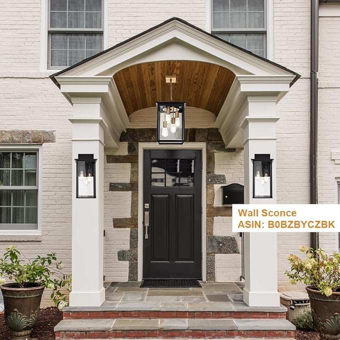 TODOLUZ Outdoor Pendant Light Fixtures, 4-Lights Large Outdoor Ceiling Hanging Lanterns in Black & Brushed Brass, Farmhouse Exterior Chandelier for Front Door Entry Patio