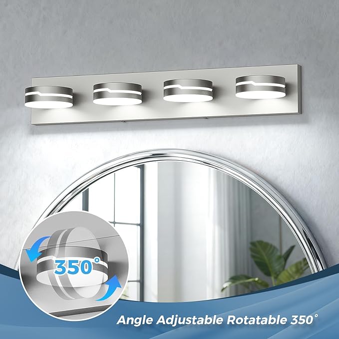Modern 4-Light Brushed Nickel Bathroom Light Fixture for Bathroom Lighting Fixtures Over Mirror 24W Brushed Nickel Vanity Led Lighting with 350°Rotatable Acrylic Heads (Cool White 5500k)