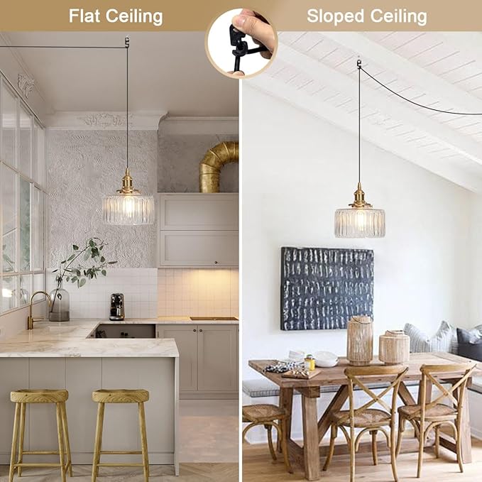 Plug in Pendant Light Clear Glass Striped Pendant Light Fixtures Vintage Glass Hanging Lighting 1-Light with Plug in Cord Mid Century Modern Hanging Lights for Kitchen Island Living Room
