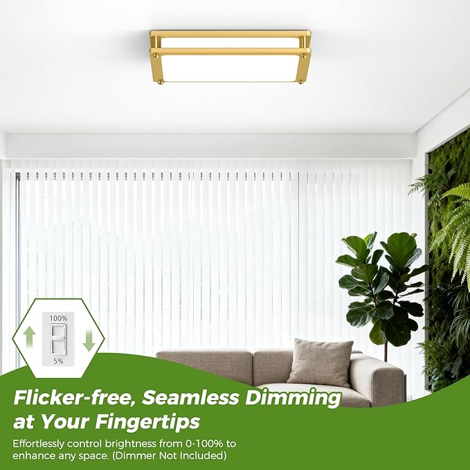 13 Inch Gold Square LED Ceiling Lights for Bedroom Kitchen Bathroom, 36W Super Bright 3200LM Modern Flush Mount Light Fixture, 2700K-6500K Selectable Dimmable Close to Ceiling Double Ring Lamp, 1-Pack