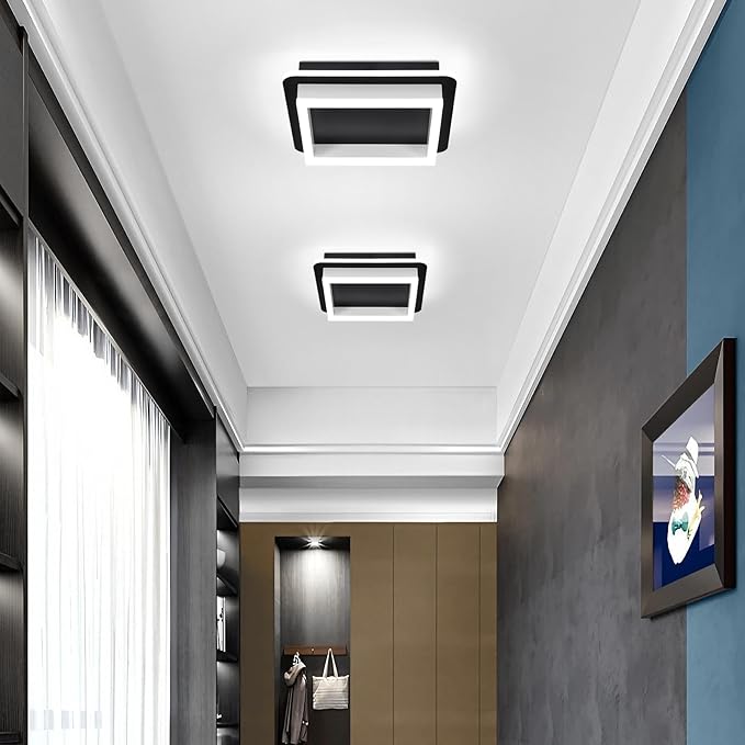 CANEOE Black Led Hallway Light Fixtures 6000K Cold White LED Modern Ceiling Light Fixtures Acrylic Square Flush Mount Ceiling Lamp for Bedroom Kitchen Bathroom Hallway Ceilings Lighting