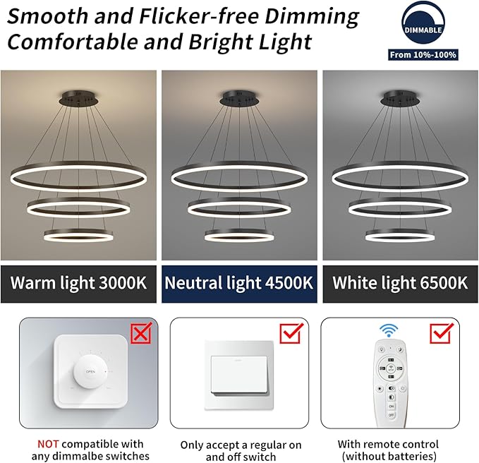 Black LED Modern Chandelier, 3 Ring Circular Dimmable Pendant Light for Kitchen Island, Living Room, Adjustable 3000K-6500K Ceiling Lamp, Above Dining Room Table Hanging Lights for Entryway Foyer