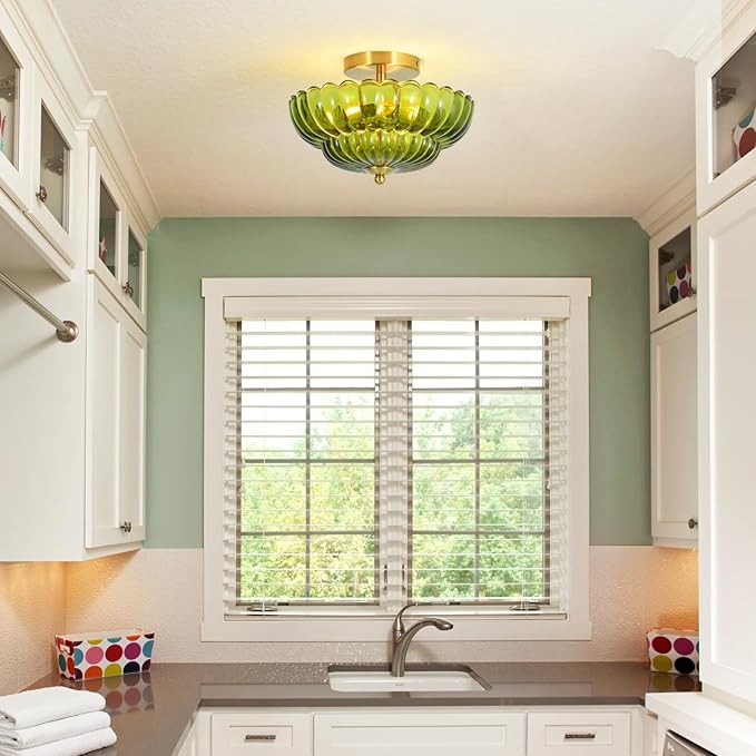11.8 inch Kitchen Ceiling Light, 3-Light Semi Flush Mount Ceiling Lamp with Flower Glass, Modern Close to Ceiling Light Fixtures for Bathroom Bedroom Hallway Entryway, Green