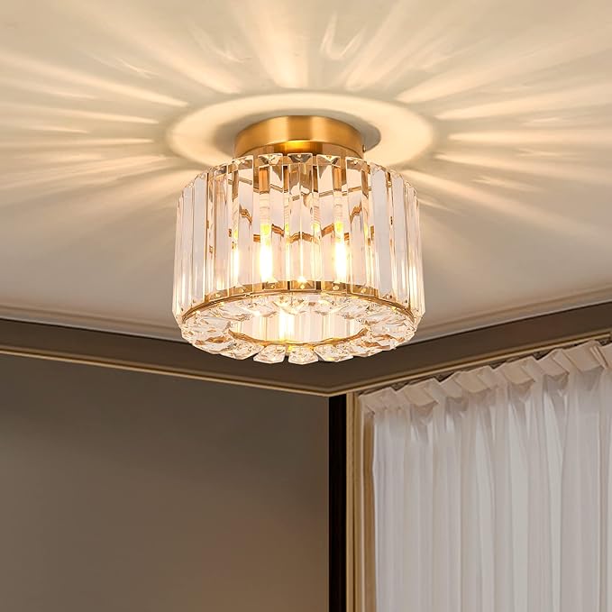 Crystal Modern Semi Flush Mounted Ceiling Light Fixture Brass Chandelier for Hallway, Dining Room, Foyer, Living Room, Bedroom, Entryway