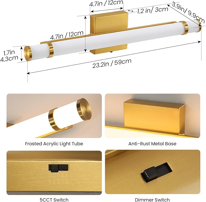 Gold Bathroom Vanity Light Fixtures 23 Inch Modern LED Vanity Lights Bar for Bathroom with Acrylic Shade 14W 5CCT Dimmable Bathroom Sconces Wall Lighting Over Mirror (Built-in Dimmer)