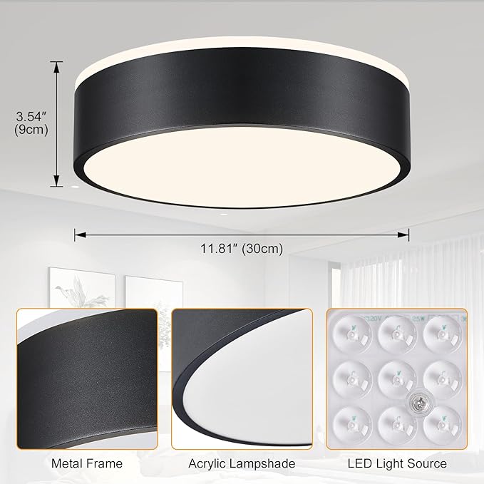 Dimmable Black LED Ceiling Light Fixture, 5CCT 2700 K-6000 K Modern Flush Mount Ceiling Light, Round Minimalist Lighting Fixture for Bedroom, Kitchen, Laundry Room, Hallway, 11.81 Inch