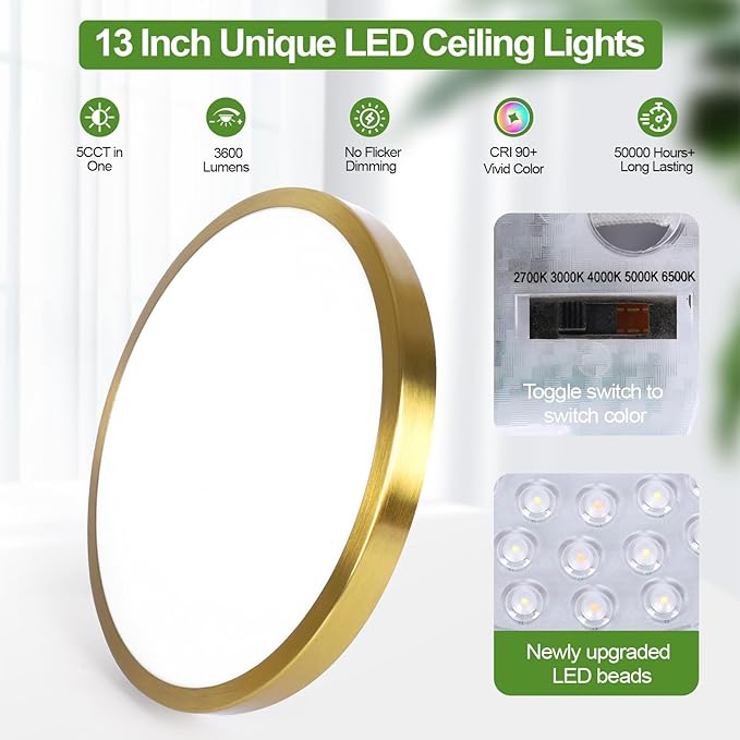 13 Inch Flush Mount Light Fixtures, 2-Pack 36W 3600lm Gold LED Ceiling Lights with 2700K-6500K 5 Color Temperatures, Modern Round LED Lights for Kitchen Bedroom Bathroom Living Room Closet