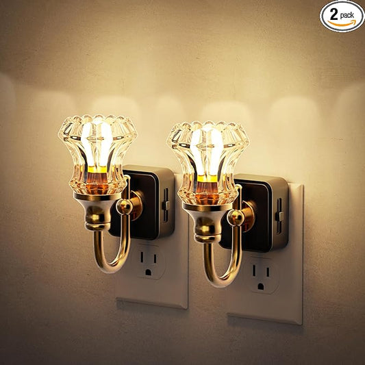 JandCase Night Light, 2Pack Night Lights Plug into Wall, Dimmble Floral Glass LED Nightlight, 0-100 LM Flower Nightlights, Dusk to Dawn Sensor, 1W Vintage Nite Light for Bathroom Gift Vanity Decor