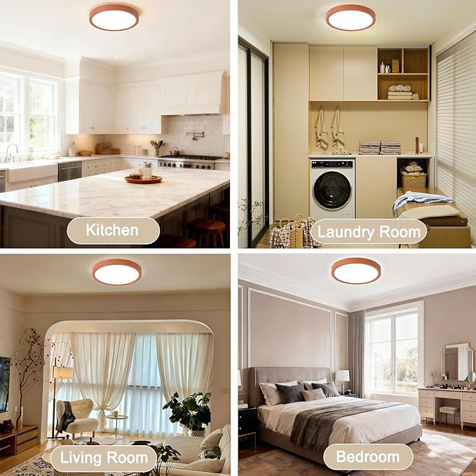 COTULIN 9 Inch LED Wood Grain Flush Mount Ceiling Light Fixtures Set of 2, Modern 22W Round Flat Overhead 3000K-4000K-6000K Selectable Ceiling Lamps for Bedroom, Living Room, Kitchen, Entryway