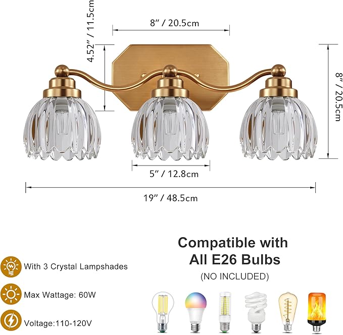 VbiTmn Gold Bathroom Light Fixtures, 3 Light Vintage Vanity Lights, Antique Brass Brushed Gold Finish, Crystal Transparent Glass Shade, Mid Century Wall Sconces for Bedroom, Living Room, Hallway