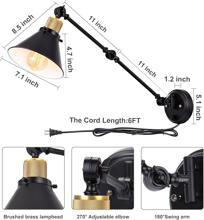 TRLIFE Plug in Wall Sconces, Dimmable Wall Sconce Swing Arm Wall Lights Plug in, Adjustable Wall Mounted Light Wall Lights with 6FT Plug in Cord, E26 Base(Two Arms, 2 Pack)
