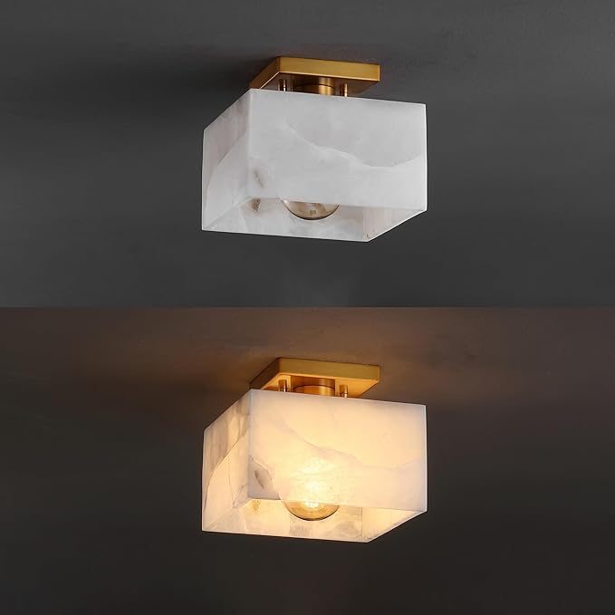 JONATHAN Y 8" White Marbling/Brass Gold Modern 1-Light Semi Flush Mount Ceiling Light for Bedroom, Cube White Alabaster Marble Shade, Mid-Century Minimalist Fixture, LED Bulb Included (JYL1203A)