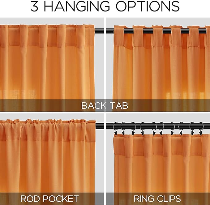 Orange Linen Semi Sheer Curtains 108 Inches Long 2 Panels Set Back Tab Loop Pocket Linen Blend Boho Large Window Curtain Extra Long Light Filtering Drapes High Ceiling Curtains for Living Room 52x108