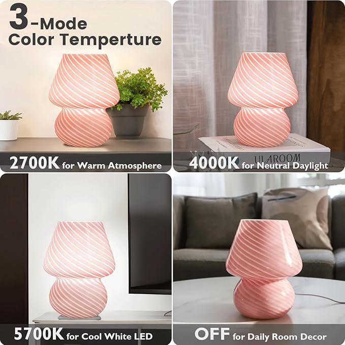 ULAROOM Dorm USB Plug-in Mushroom Lamp Small Bedside Table Lamp with 3 Temperature LED Bulb, Free Dimming Nights Light for Bedroom/Living Room/Entryway/Corner/Table Decor (Stripe Pink)