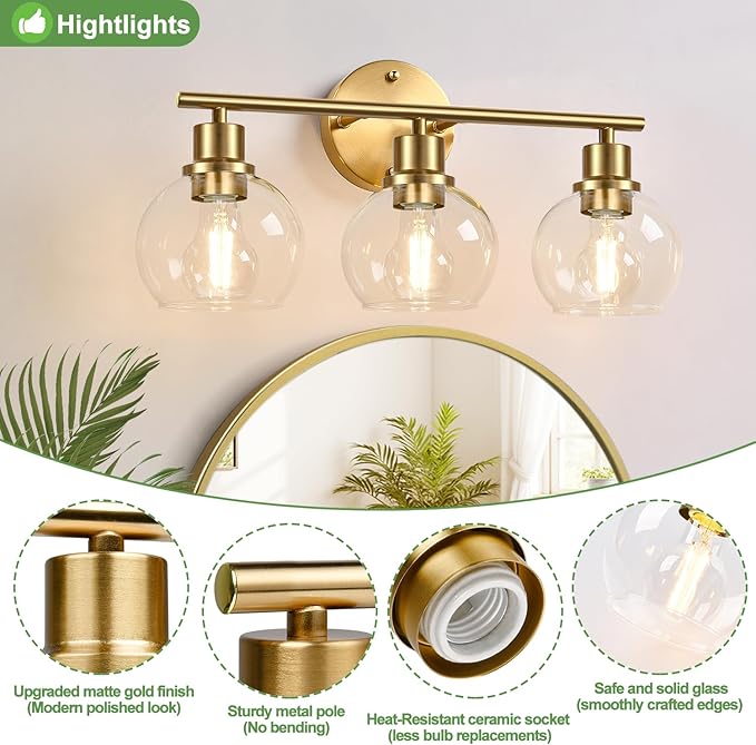 Indoi 3-Light Bathroom Light Fixtures, Brushed Gold Modern Vanity Lights Over Mirror with Clear Glass Globe Shade, Bathroom Wall Sconces for Mirror Kitchen Living Room Hallway Cabinet Bedroom Porch
