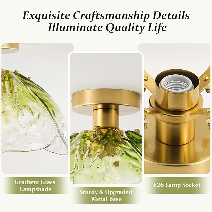 Vintage Semi Flush Mount Ceiling Light,Bronze Ceiling Light Fixtures with Gradient Green Handmade Leaf Glass for Bedroom,Kitchen,Hallway,Entryway