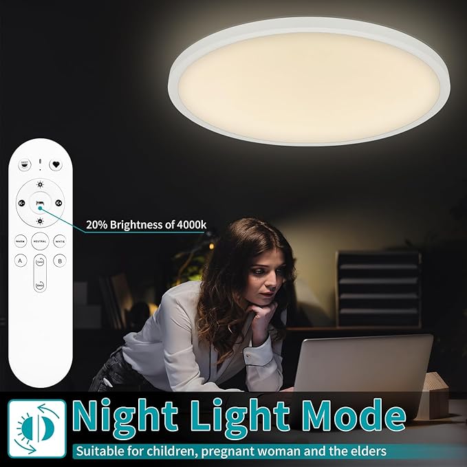 24 Inch Led Flush Mount Ceiling Light Fixture, Ultra Thin, Dimmable with Remote Control, 56W, 5600 Lumen, Modern, Round, White, for Kitchen, Dining Room, Bedroom, Living Room, Home Office