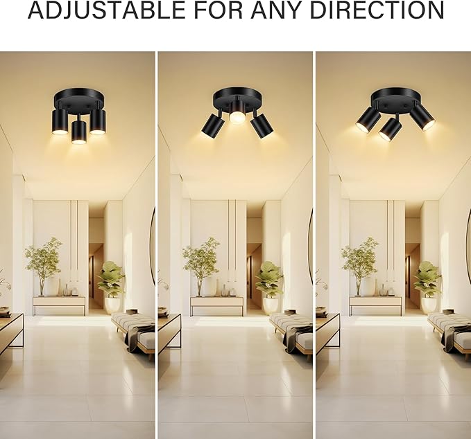 BoostArea LED 3 Light Track Lighting Kit, LED Track Lighting Fixtures, Black Round Ceiling Spot Lighting, Flexibly Rotatable Light Head for Kitchen, Living Room, Bedroom, GU10 Bulb Not Included