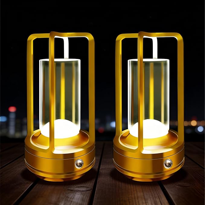 Outdoor Table Lamp, 4000mAh Rechargeable Battery Operated lamp, 3 Color Stepless Dimmable Cordless Table Lamp for Patio, Camping, Coffee Table, Crystal Lantern lamp for Indoor/Outdoor (Gold Set of 2)