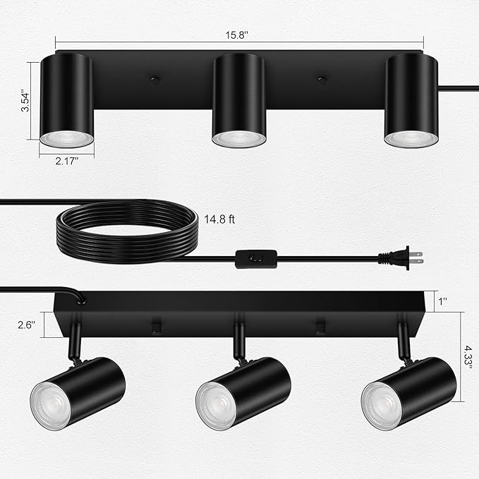 AUQUEE 3 Light Track Lighting Kit,Black 3 Way Modern Plug in Ceiling Spotlight,Industrial LED Wall Light for Kitchen Cabinet Gallery Bar Hallway Living Room,Rocker Switch,15 Foot Cord(No Bulb)